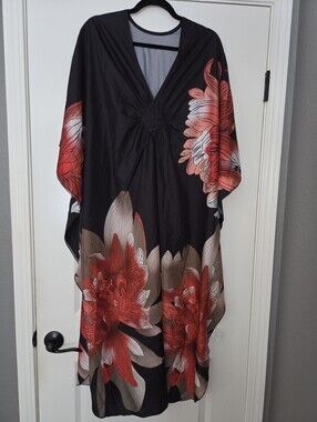 Black Floral Caftan with Red & Cream Blooms